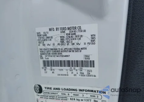 2012 Ford F-150 Xlt from USA, damaged, VIN 1FTFW1ET4CFB34867